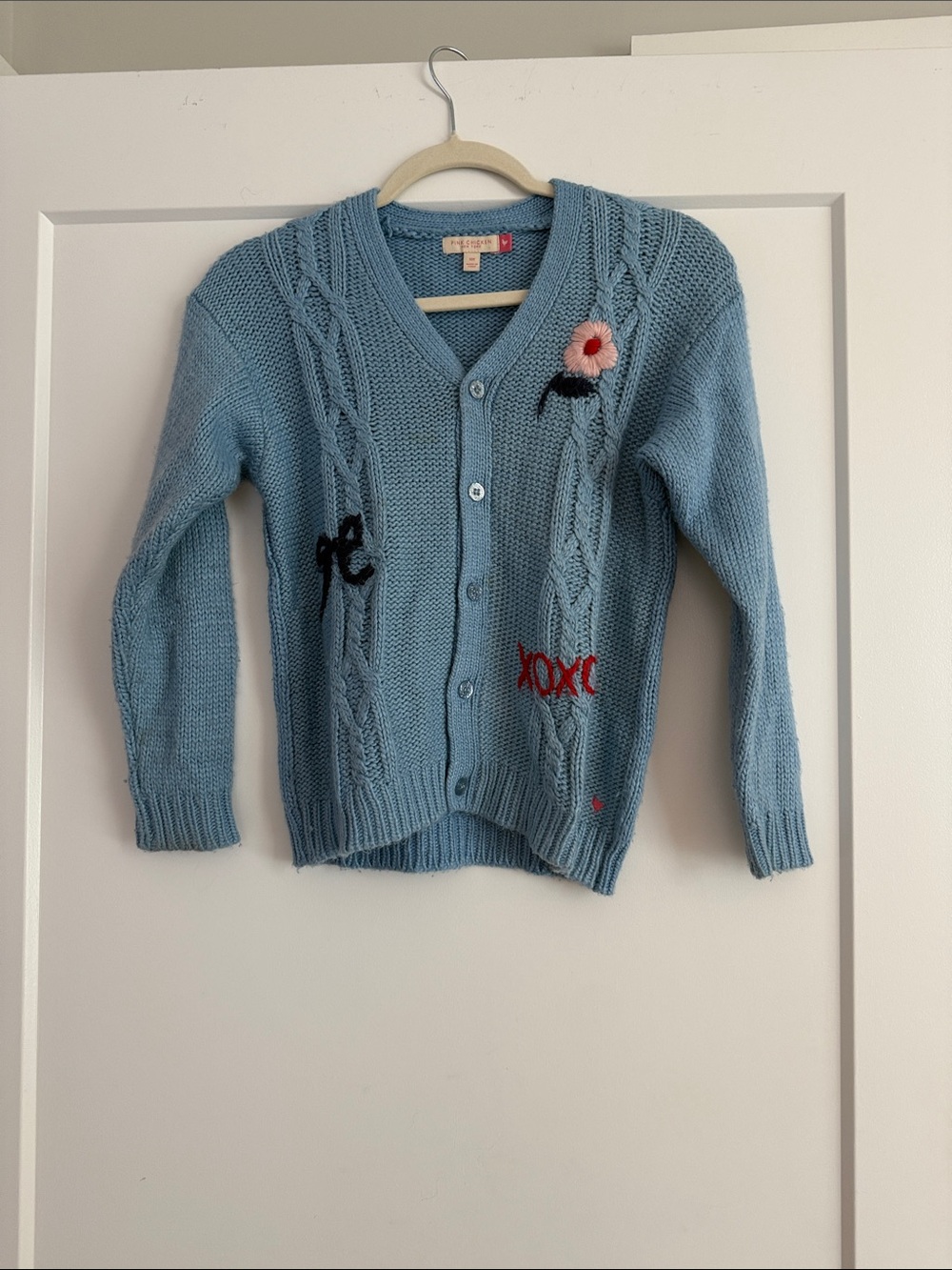 Pink Chicken Light Blue Knit Cardigan with Embroidered Accents